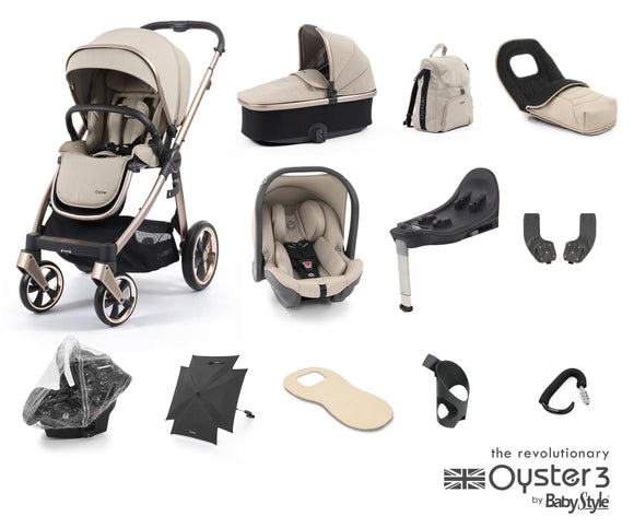 Oyster 3 Ultimate Travel System In Creme Brulee on NEW Champagne Chassis