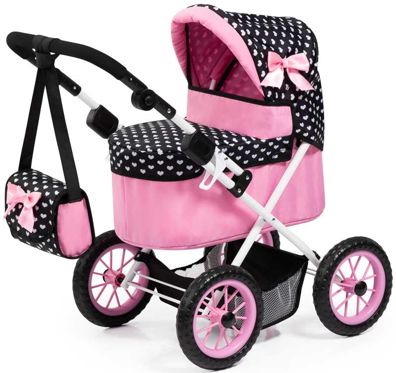 BAYER 13060AA DOLLS PRAM TRENDY PINK AND BLACK 39CM-68CM HANDLE