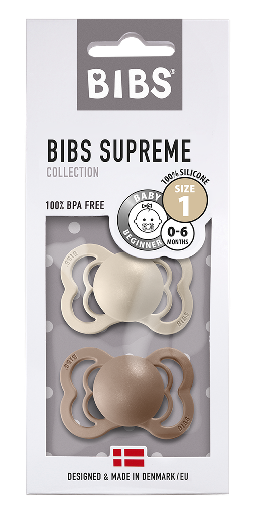 BIBS DUMMIES 160336 SIZE 1 SUPREME SILICONE SYMMETRICAL VANILLA & DARK OAK