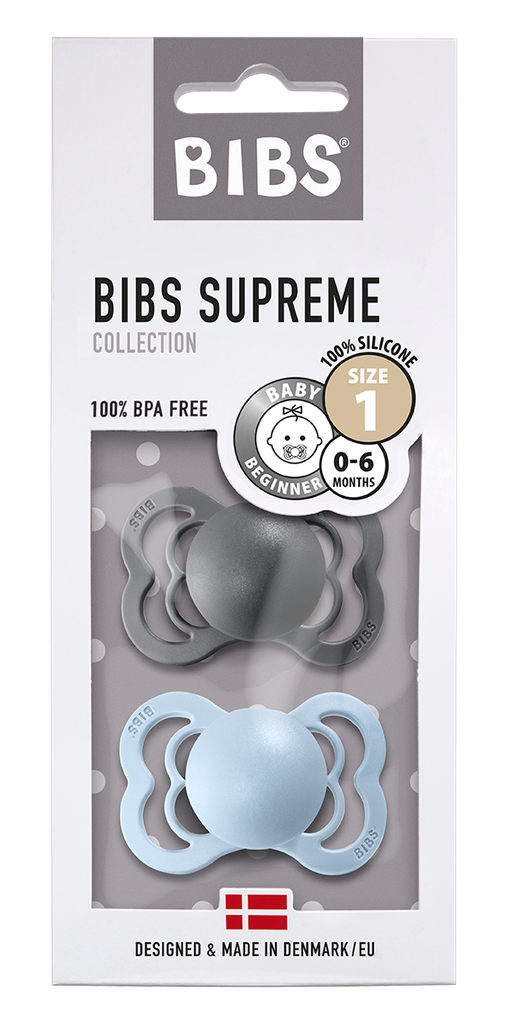 BIBS DUMMIES 160338 SIZE 1 SUPREME SILICONE SYMMETRICAL IRON & BABY BLUE