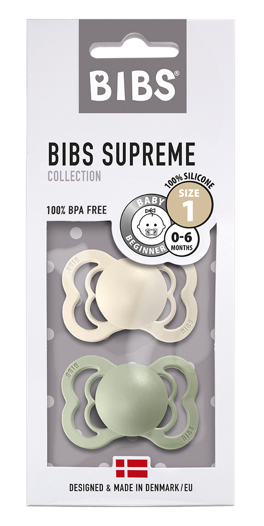 BIBS DUMMIES 160346 SIZE 1 SUPREME SILICONE SYMMETRICAL IVORY & SAGE