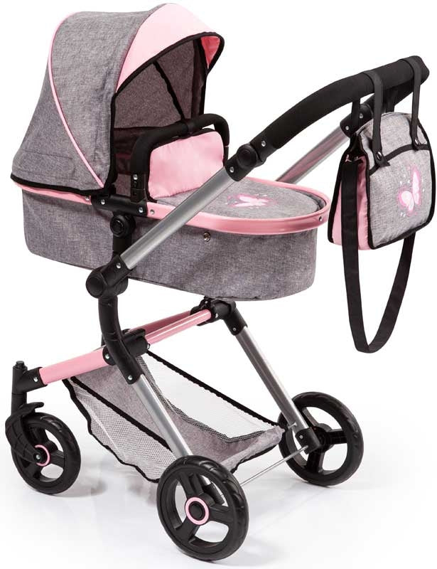BAYER 18433AA DOLLS PRAM NEO VARIO PINK AND GREY 62CM-79CM HANDLE