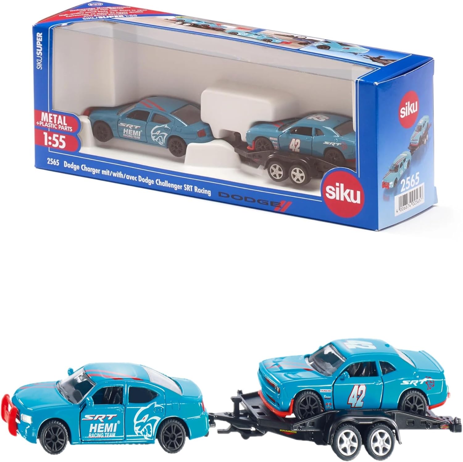 SIKU 2565 DODGE CHARGER WITH DODGE CHALLENGER RACE CAR 1:55TH SCALE