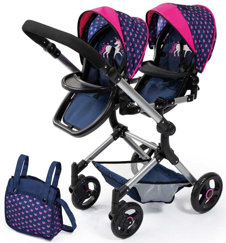 BAYER 26254AA TWIN DOLLS PRAM NEO BLUE AND DARK PINK 68CM-80CM HANDLE