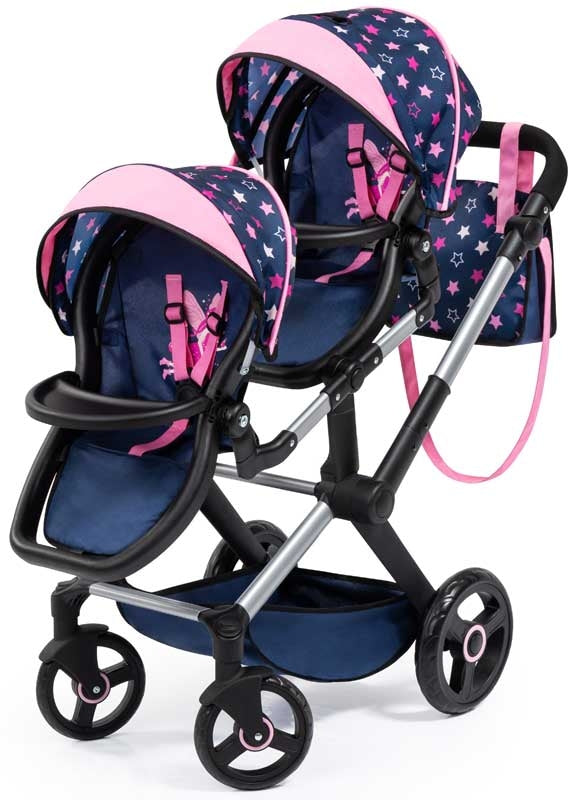 BAYER 26716AA TWIN DOLLS PRAM XEO BLUE AND PINK 58CM-71CM HANDLE