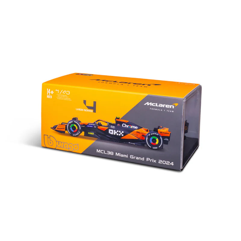 BURAGO 38215 FORMULA 1 RACING MCLAREN NORRIS MCL38 MIAMI GRAND PRIX WITH HELMET