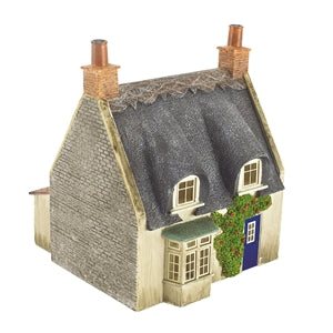 SCENECRAFT 44-122G Thatched Cottage - Grey Stone & Blue Door
