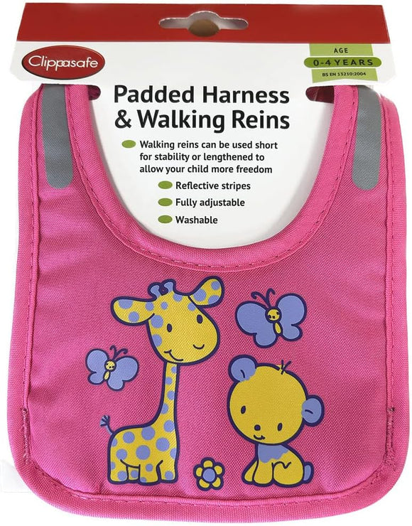 Clippasafe Padded Harness & Walking Reins - Pink, Giraffe/Bear Design