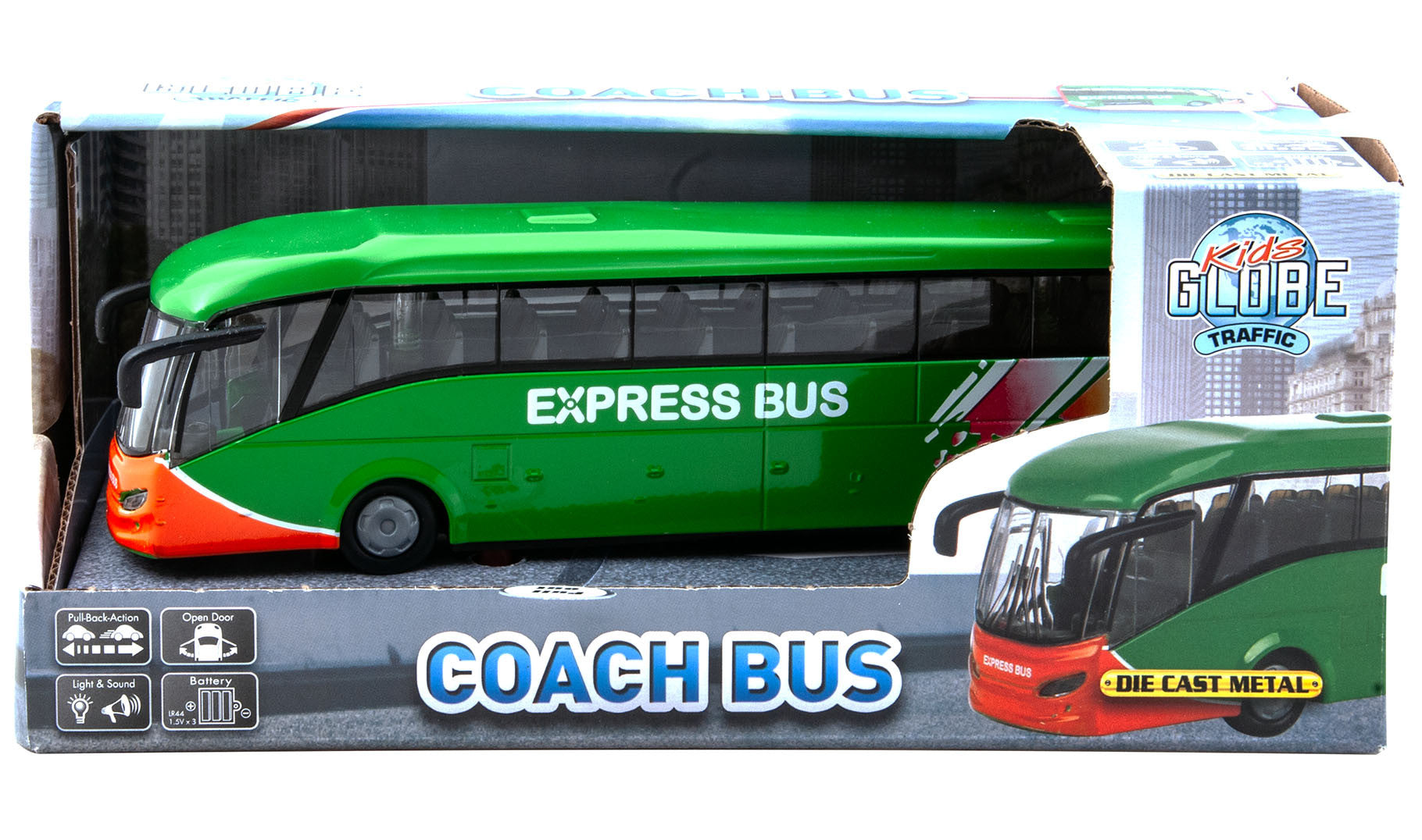 KIDS GLOBE DIE CAST COACH BUS WITH LIGHTS & SOUND