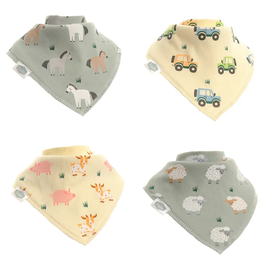 ZIGGLE FUN6055 BANDANA DRIBBLE BIBS COUNTRY LIFE 4 PACK 0 - 3 YEARS