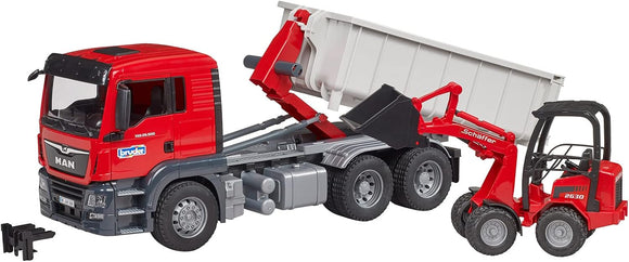 BRUDER 03767 MAN TGS TRUCK WITH ROLL OFF CONTAINER AND COMPACT LOADER
