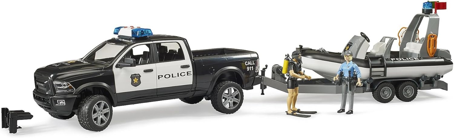BRUDER 2507 RAM 2500 POLICE PICKUP TRUCK AND POLICE BOAT WITH TRAILER