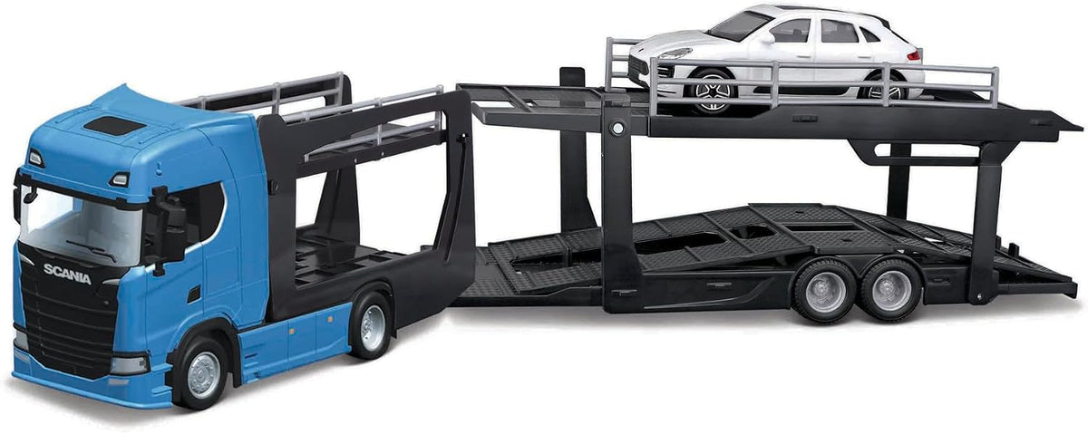 BURAGO 18-31467 SCANIA S730 CAR TRANSPORTER WITH PORSCHE MACAN 1/43RD SCALE