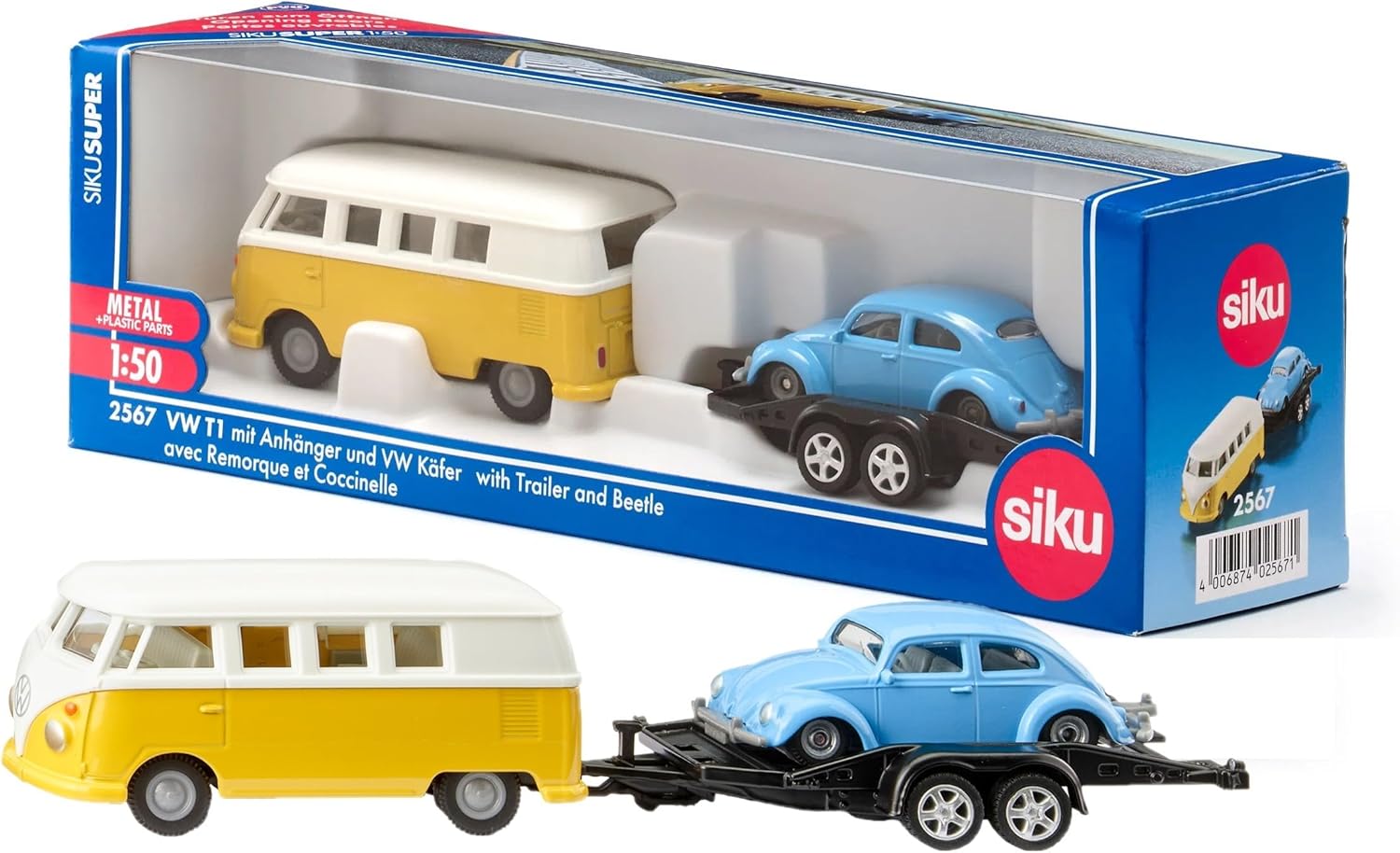SIKU 2567 VW T1 WITH TRAILER AND BEETLE 1:50 SCALE