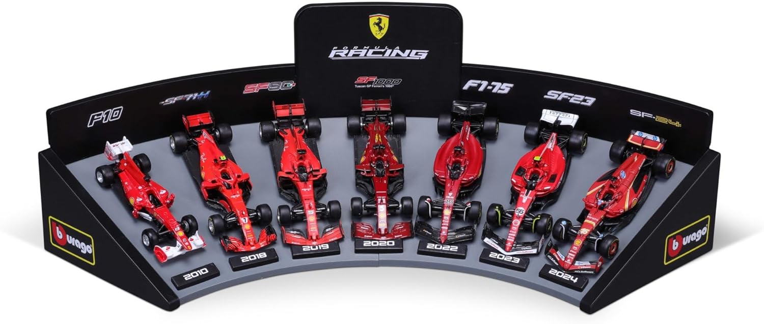 BURAGO 36864 FORMULA RACING FERRARI FORMULA 1 TEAM DELUXE GIFT SET WITH DISPLAY STAND