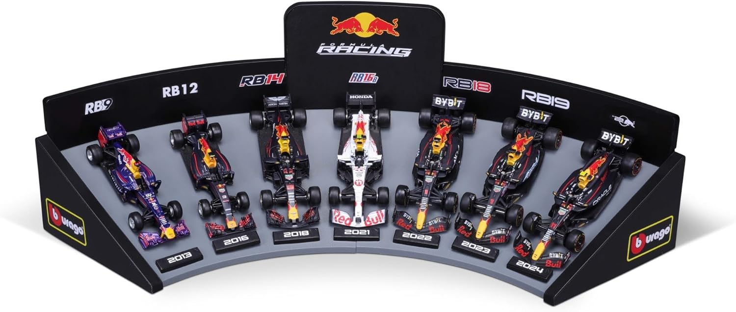 BURAGO 38168 FORMULA RACING REDBULL RACING FORMULA 1 TEAM DELUXE 1:43 SCALE GIFT SET WITH DISPLAY STAND