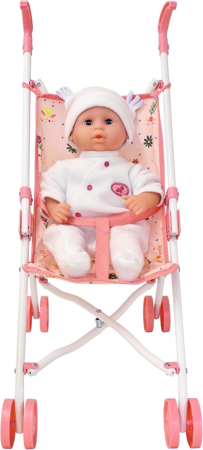 DOLLS WORLD 78700 PINK FLOWER FOLDING STROLLER DOLLS PRAM (DOLL NOT INCLUDED)