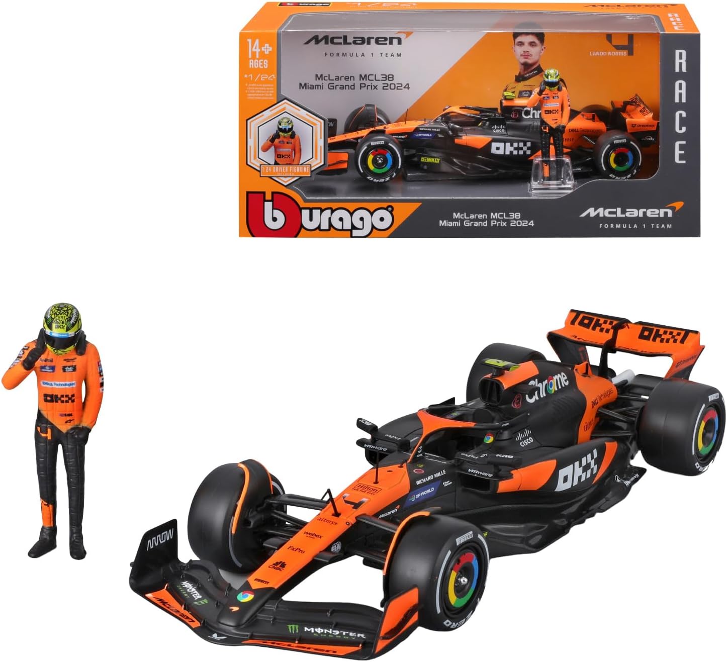 13 BURAGO NO4 28040 MCLAREN MCL38 MIAMI GRAND PRIX 2024 LANDO NORRIS 1/24 SCALE