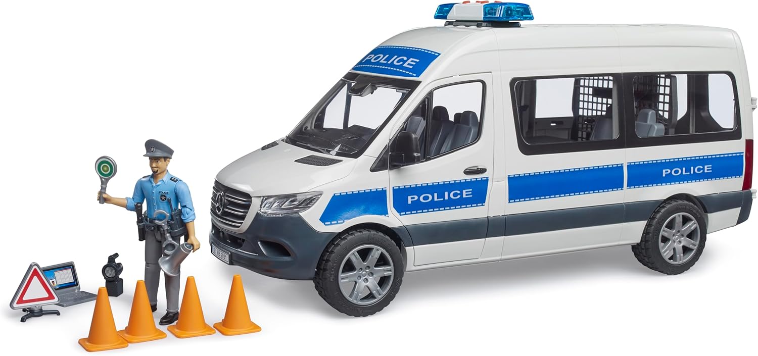 BRUDER 02683 POLICE MERCEDES BENZ SPRINTER WITH OFFICER AND LIGHTS + SOUNDS
