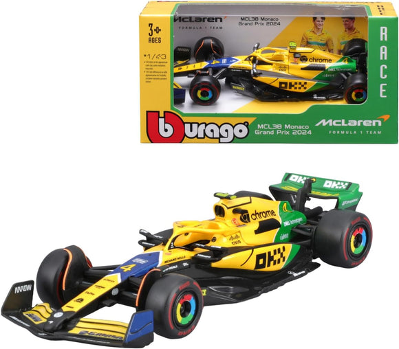 18 BURAGO 38214NS NO4 MCL38 MONACO GRAND PRIX 2024 LANDO NORRIS F1 CAR 1/43RD SCALE