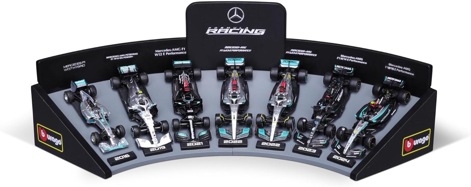 BURAGO 38170 FORMULA RACING MERCEDES AMG FORMULA 1 TEAM DELUXE 1:43 SCALE GIFT SET WITH DISPLAY STAND