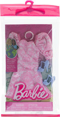 BARBIE HRH40 PINK PUFF SLEEVE DRESS WITH NECKLACE AND BLUE HEELED SHOES