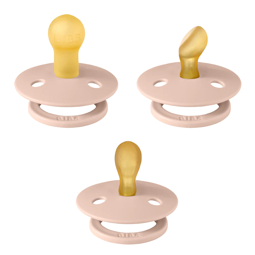 BIBS DUMMIES 81342 SIZE 1 TRY-IT NATURAL RUBBER ROUND ANTOMICAL SYMMETRICAL BLUSH