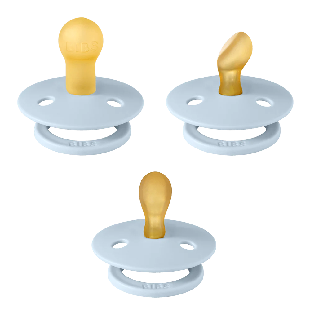 BIBS DUMMIES 81343 SIZE 1 TRY-IT NATURAL RUBBER ROUND ANTOMICAL SYMMETRICAL BABY BLUE