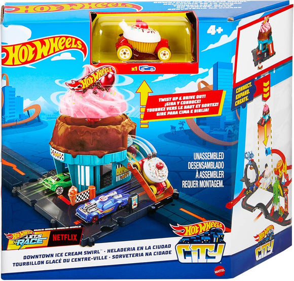 HOT WHEELS HTN77 LETS RACE NETFLIX DOWNTOWN ICE CREAM SWIRL SET