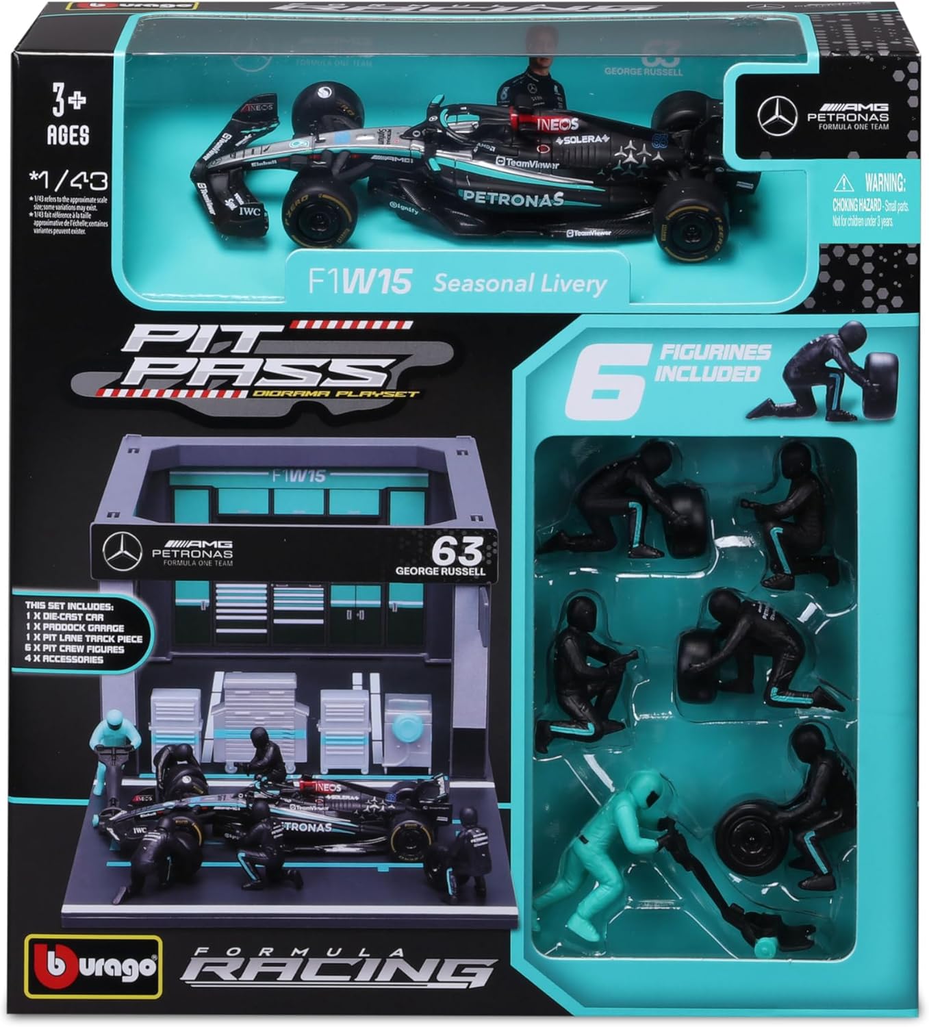 BURAGO 38452 FORMULA RACING MERCEDES AMG W15 63# GEORGE RUSSELL PIT PASS DIORAMA PLAYSET