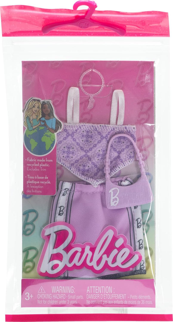 BARBIE HRH37 LILAC TOP AND SPORTY SHORTS WITH BAG AND NECKLACE