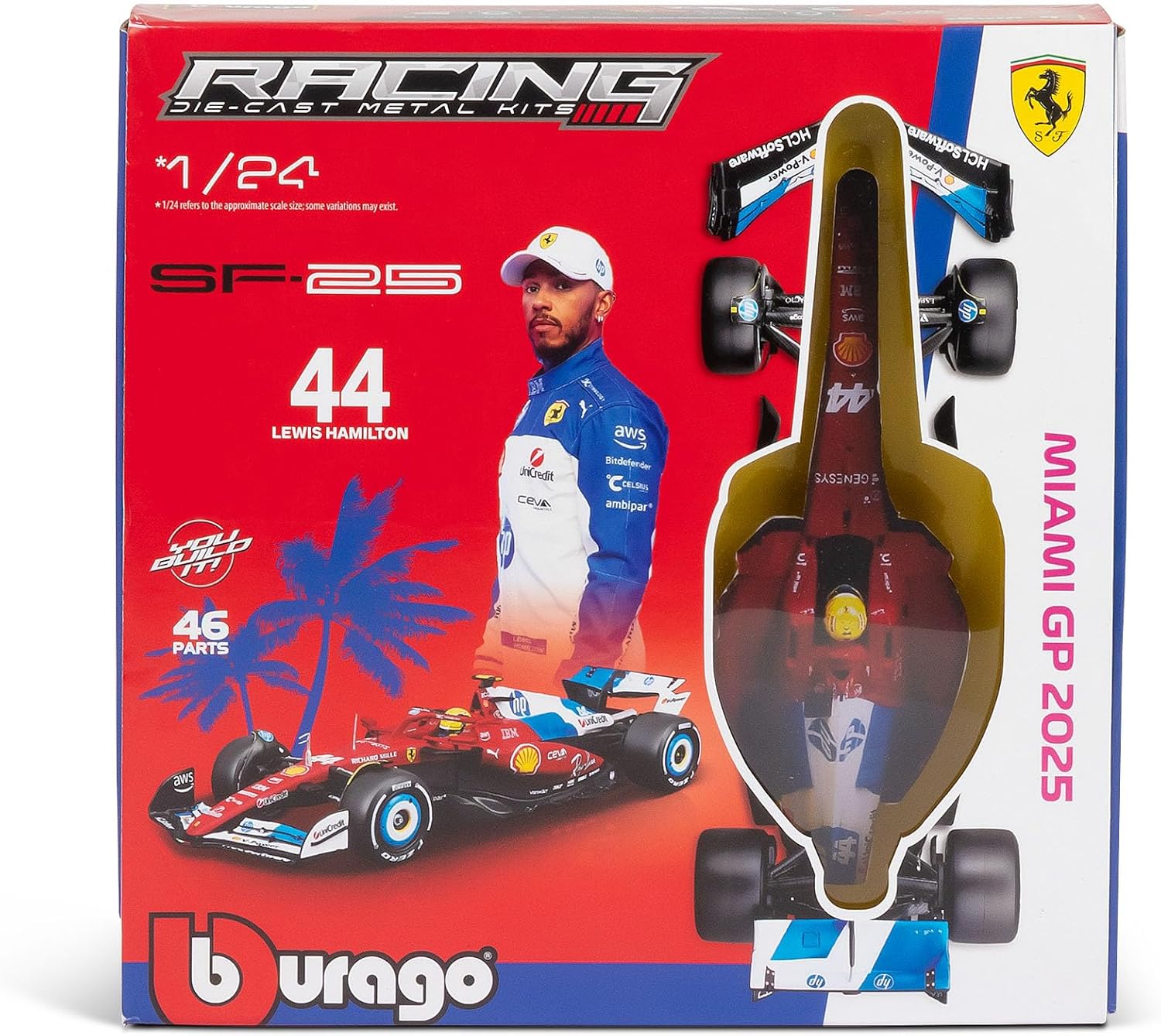BURAGO 26860 F1 FERRARI SF-25 #44 LEWIS HAMILTON MIAMI GP 2025 DIECAST METAL KITS 46 PART 1/24 SCALE VEHICLE
