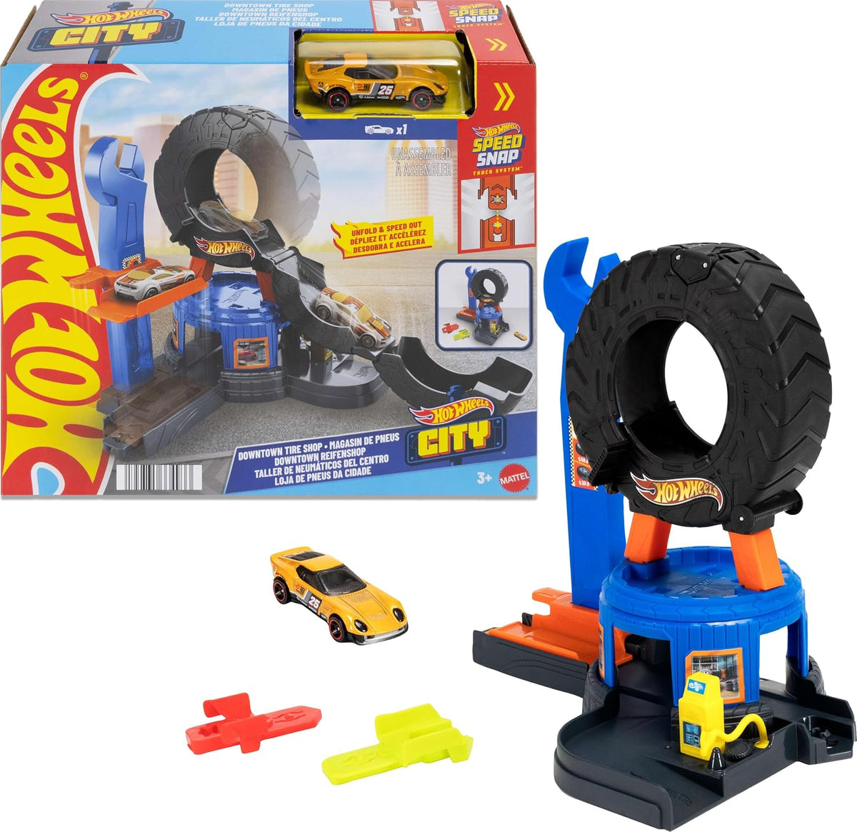 HOT WHEELS JHL75 LETS RACE NETFLIX DOWNTOWN TIRE SHOP SET