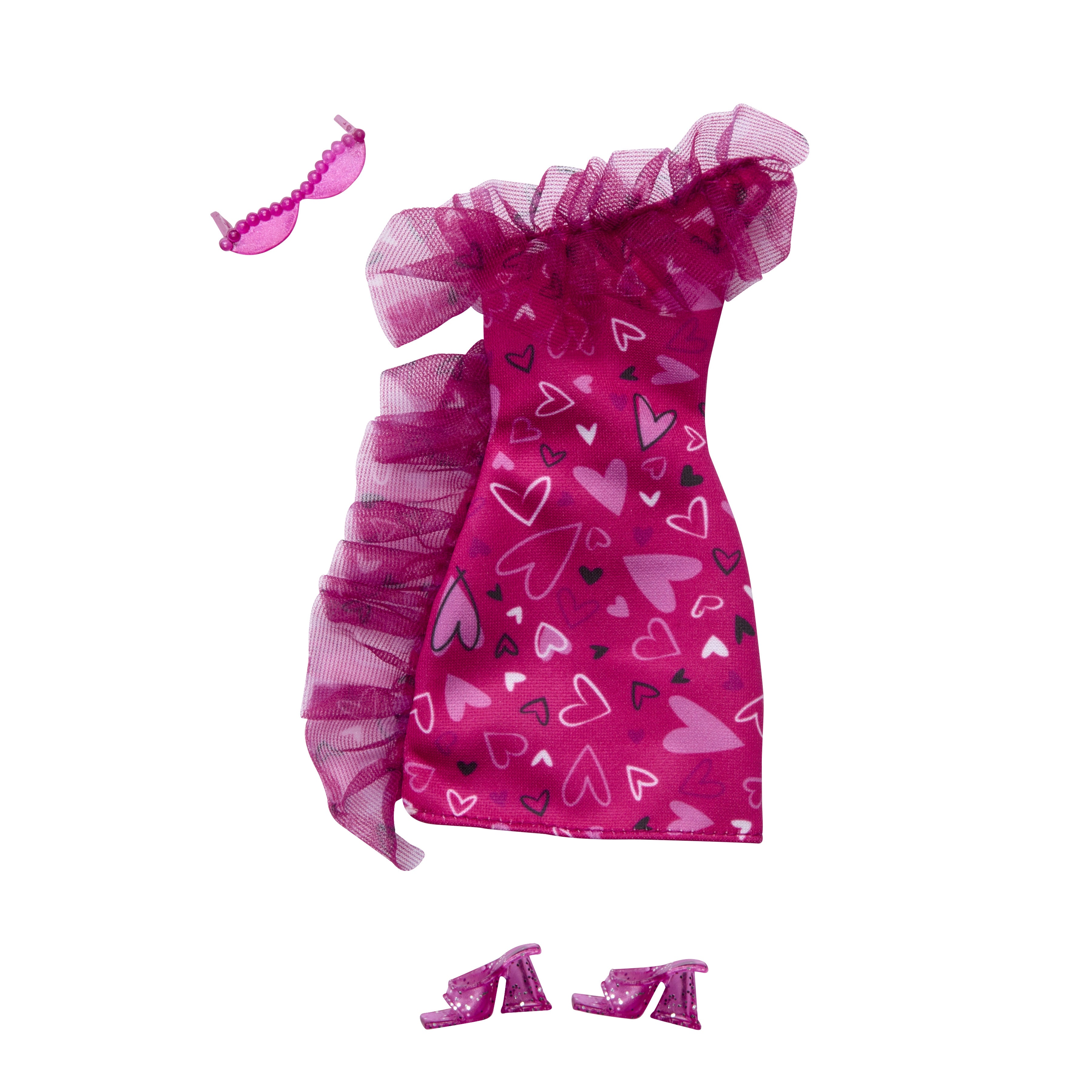 BARBIE HRH36 FUSHIA PINK RUFFLE HEART PRINT DRESS WITH SUNGLASSES AND HEELS