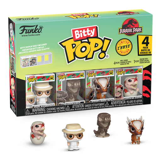 FUNKO BITTY POP! JURASSIC PARK 4 PACK CHASE EDITION JOHN HAMMOND, TYRANNOSAURUS, STYGIMOLOCH, HATCHLING RAPTOR  MINI FIGURES