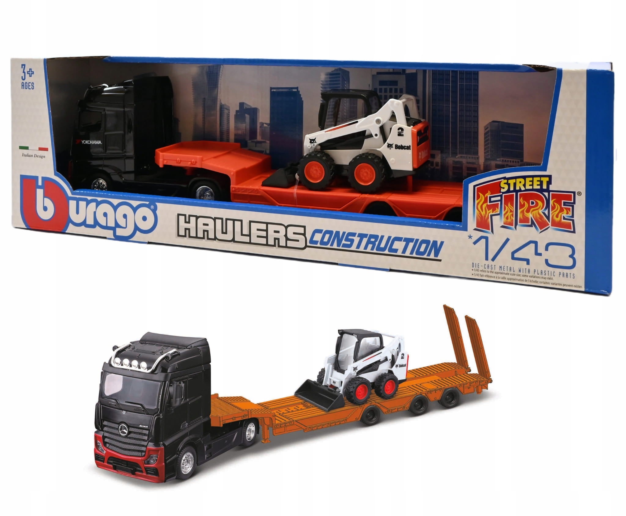 BURAGO 32313 STREET FIRE HAULER SCANIA WITH CONSTRUCTION VEHICLE 1:43 SCALE