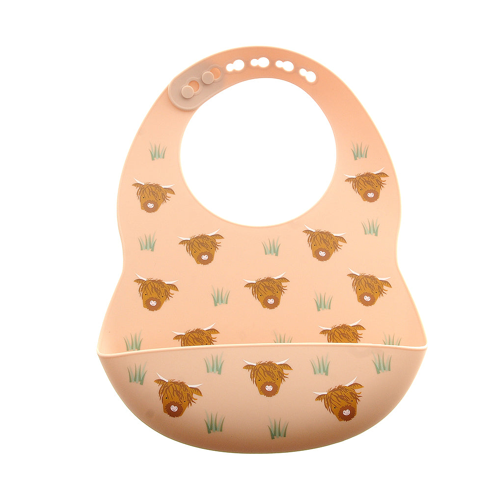 ZIGGLE SIL5072 SILICONE CATCH IT BIB HIGHLAND COW