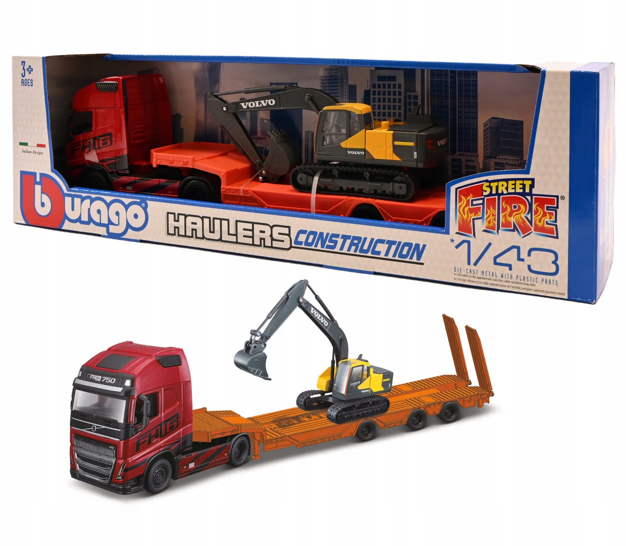 BURAGO 32312 STREET FIRE HAULER VOLVO WITH CONSTRUCTION VEHICLE 1:43 SCALE