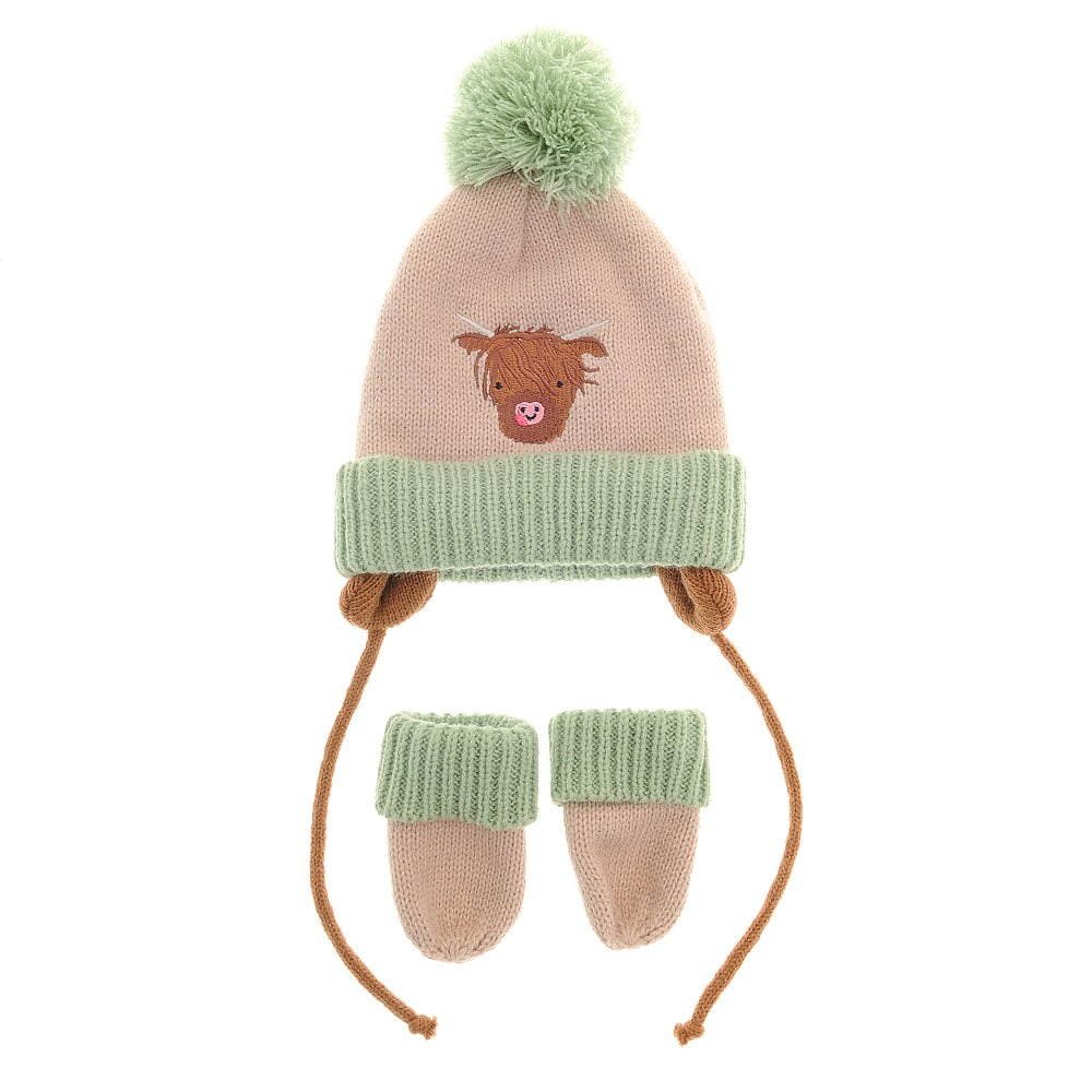 ZIGGLE HAT4792 HIGHLAND COW 0-12M WOOLLY HAT AND MITTENS