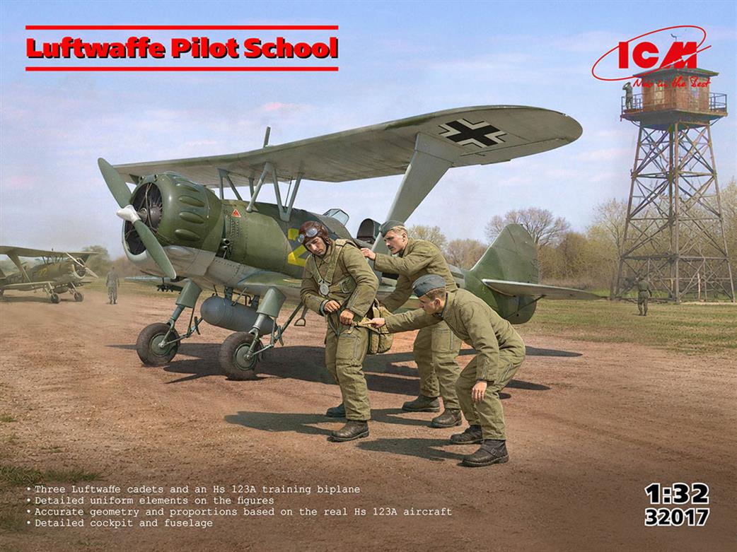 ICM  32017  Luftwaffe Pilot School Hs 123A Training Biplane & 3 Figures  1/32 Scale SCALE