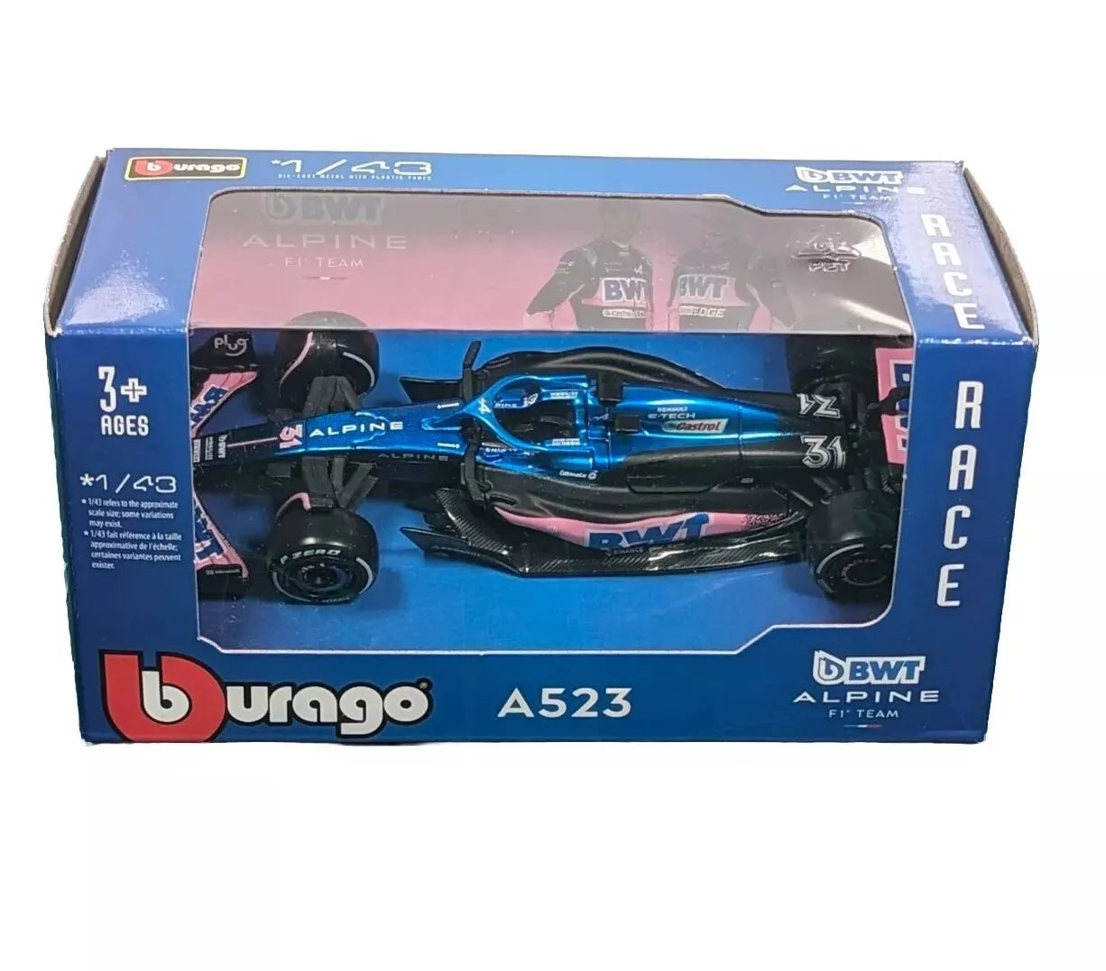 BURAGO 360039 NO31 ALPINE A523 ESTEBAN OCON F1 CAR 1/43RD SCALE