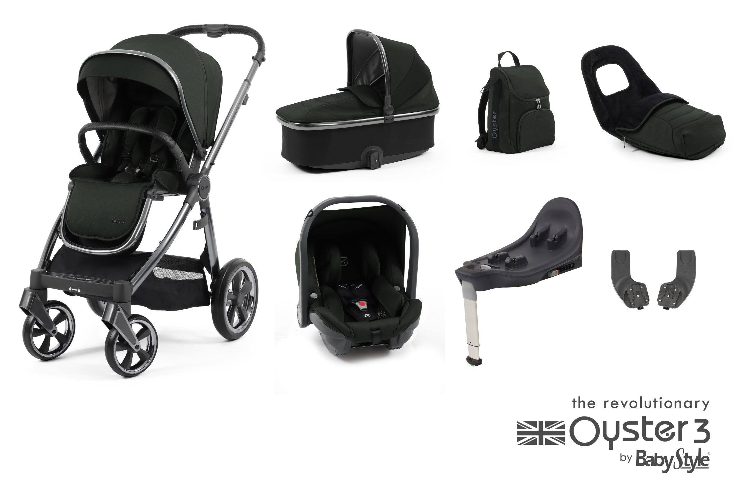 Oyster 3 Luxury Travel System In Black Olive on Gunmetal Chassis