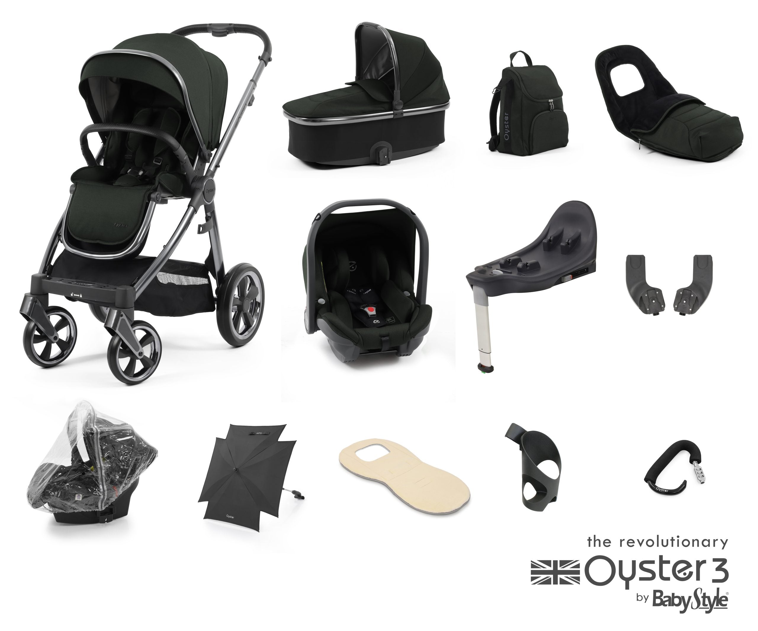 Oyster 3 Ultimate Travel System In Black Olive on Gunmetal Chassis