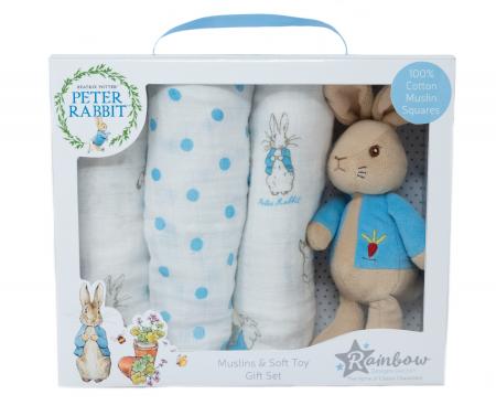PETER RABBIT PO1599 PETER SOFT TOY AND MUSLINS GIFT SET BLUE DOTS