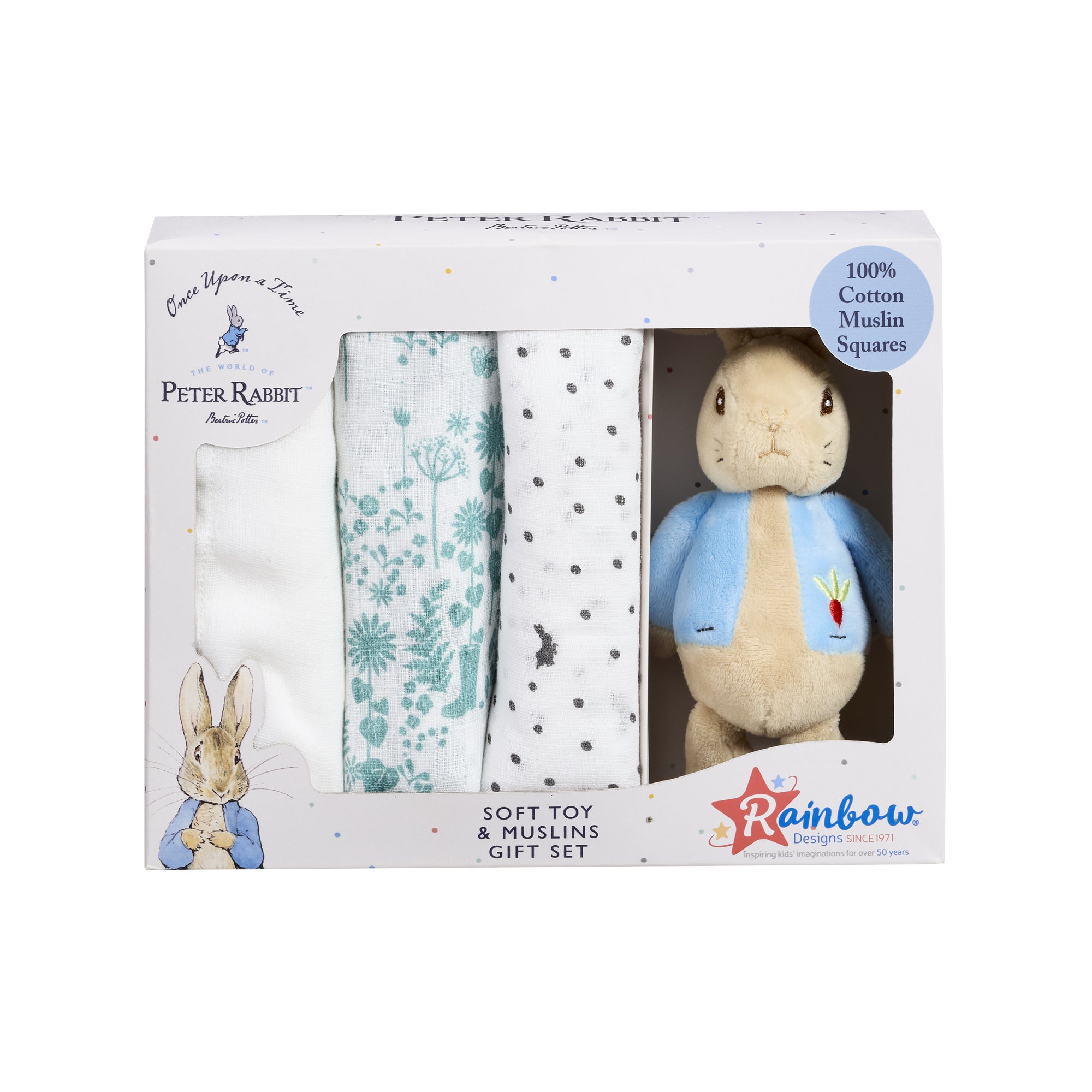 PETER RABBIT PO2205 PETER SOFT TOY AND MUSLINS GIFT SET TEAL PATTERN