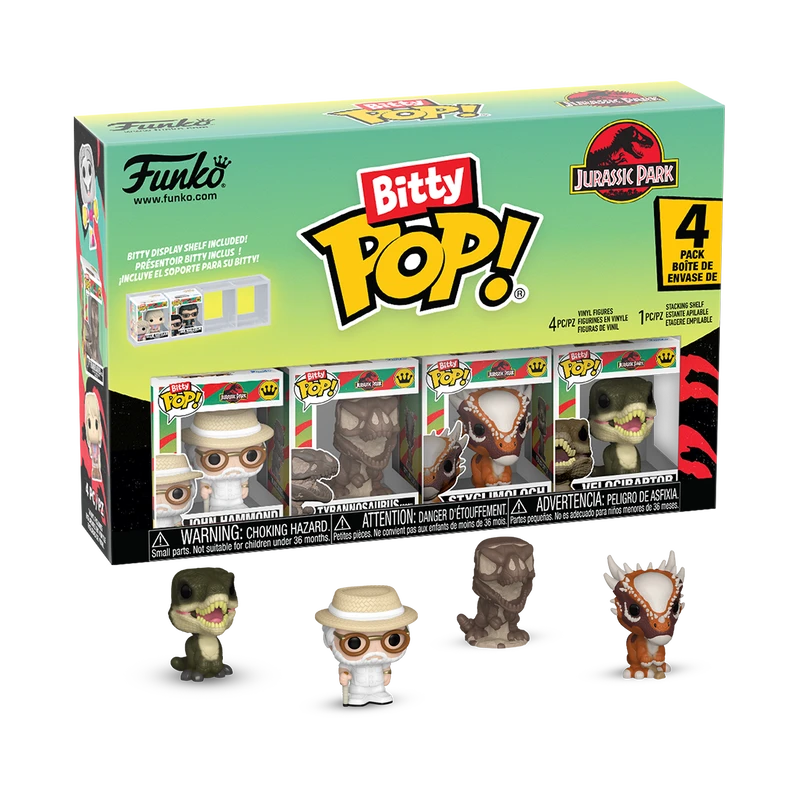 FUNKO BITTY POP! JURASSIC PARK 4 PACK JOHN HAMMOND, TYRANNOSAURUS, STYIMOLOCH, VELOCIRAPTOR MINI FIGURES