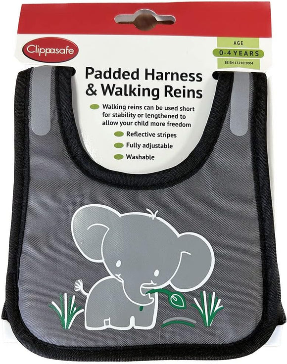 Clippasafe Padded Harness & Walking Reins - Black, Elephant Design