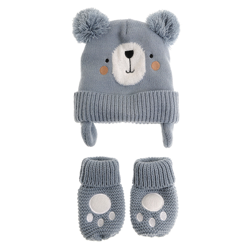 ZIGGLE HAT7083M BLUE BEAR 12-24M WOOLLY HAT AND MITTENS
