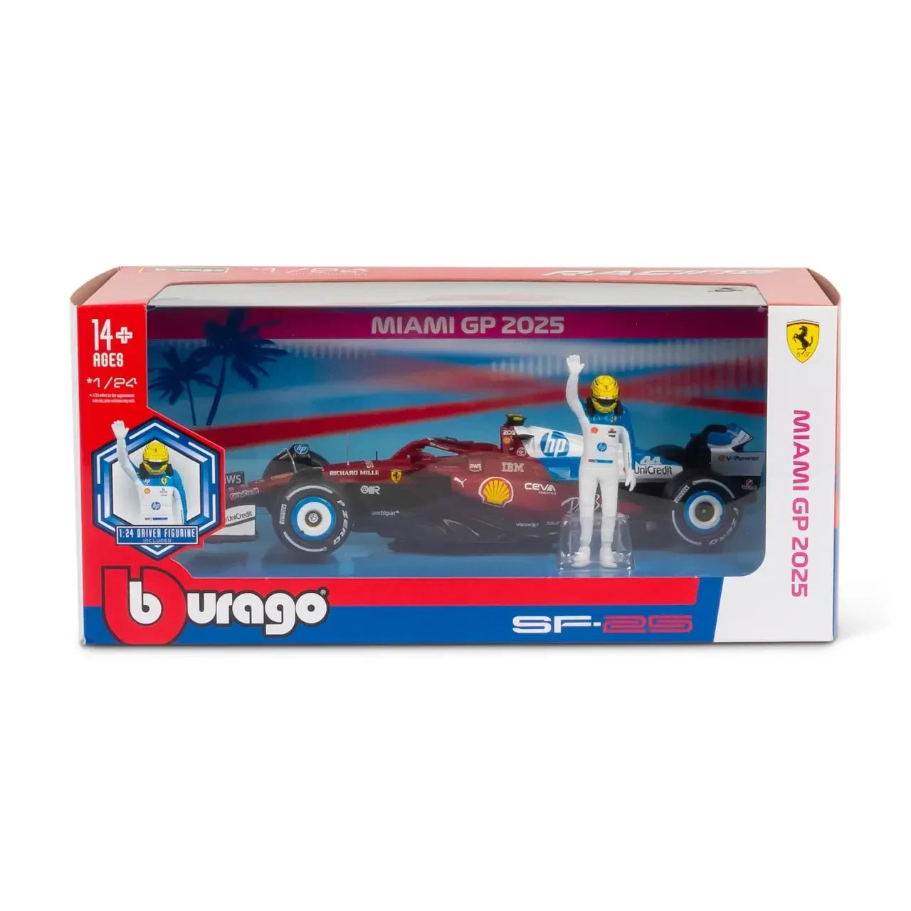 BURAGO 26827 F1 FERRARI SF-25 MIAMI GP 2025 #44 LEWIS HAMILTON 1/24 SCALE VEHICLE WITH DRIVER