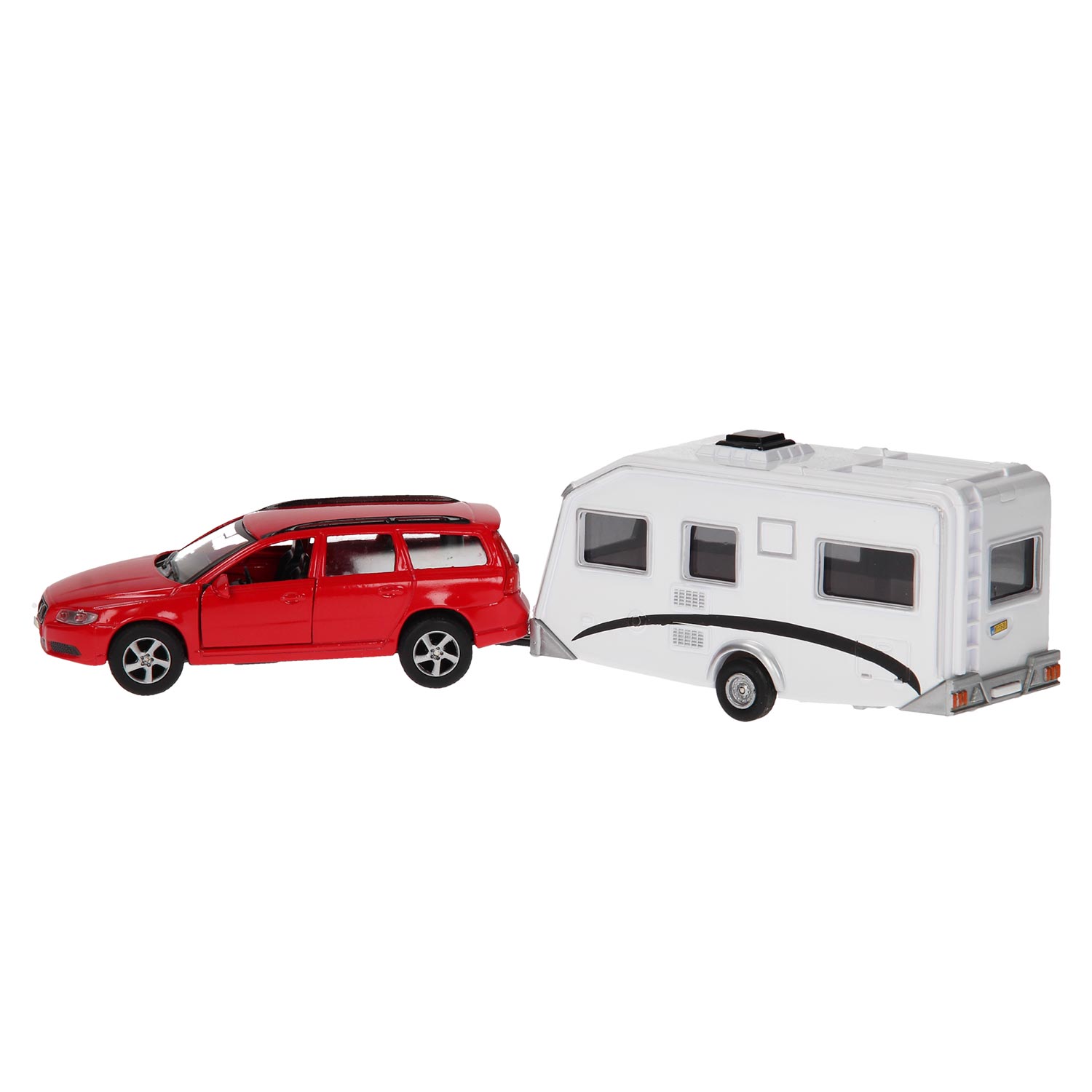 KIDS GLOBE TRAFFIC DIE CAST PULL BACK VOLVO V70 WITH CARAVAN 29cm